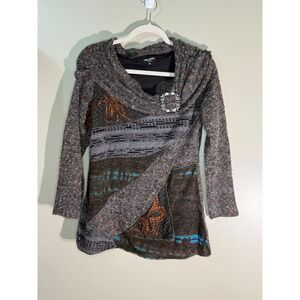Terra Nostra Femme Cowl Neck Mixed Media Buckle Top Grey Brown P/S 8071C